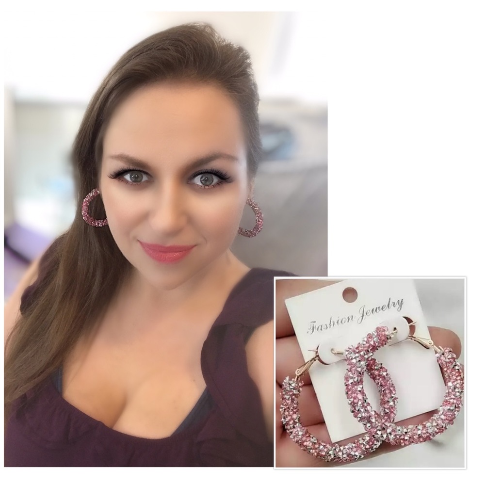 NEW๐๐๐DARK PINK๐๐๐GLITTERY DRUZY RESIN HOOPS - Picture 1 of 6